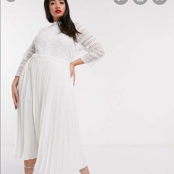 ASOS Curve Dresses & Skirts - White lace midi pleated dress